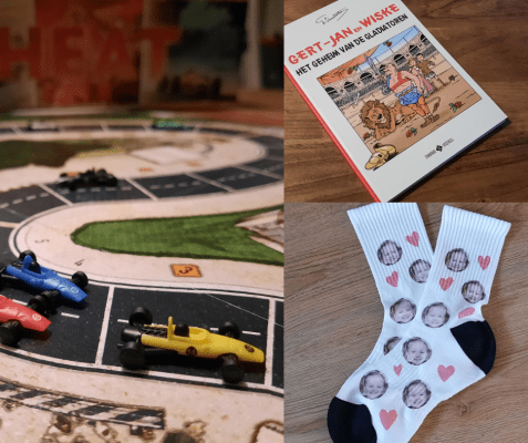 Bordspel over Formule 1, gepersonaliseerd Suske en Wiske stripboek en foto sokken, allemaal tips uit het blog over originele cadeaus voor mannen (beste cadeau ideeën voor hem)