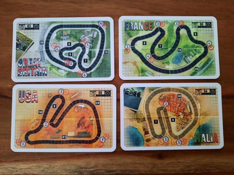 De 4 circuits in dit bordspel weergegeven op kleine overzichtskaarten HEAT