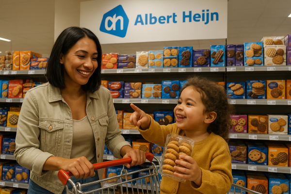 moeder en kind bij albert heijn terwijl ze op zoek zijn naar lactosevrije koekjes