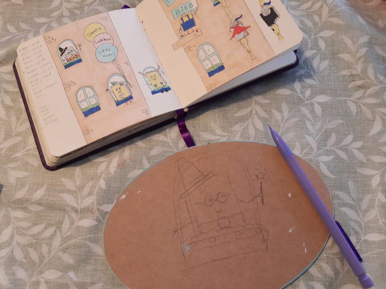 Minibieb schildering ontwerp in mijn schetsboek
