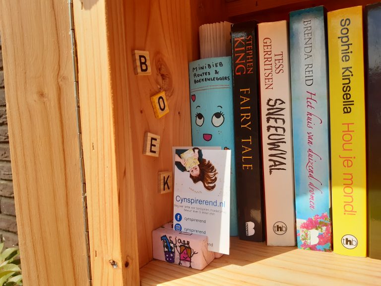 Minibieb aan de binnenkant met een bakje voor minibieb routes en boekenleggers. En een houder voor visitekaartjes