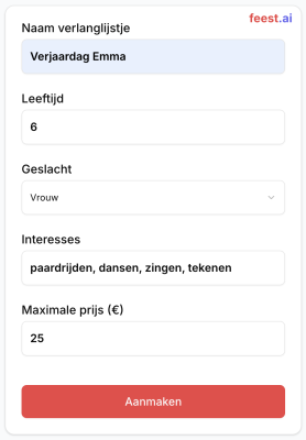 Stap 1: Online verlanglijstje maken gratis: Vul een titel in voor je verlanglijst. Bijvoorbeeld de voornaam met gelegenheid en datum. Denk aan een verjaardag, kerst, Sinterklaas, huwelijk, jubileum of een ander feestje. Voer vervolgens leeftijd, geslacht, interesses en je maximale budget per cadeautje in.