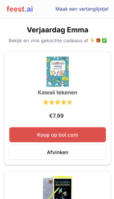 Stap 3: je verlanglijstje delen met je familie en vrienden: amilie en vrienden kunnen zo direct meekijken en cadeaus afstrepen. Wanneer iemand iets koopt, blijft die persoon anoniem.