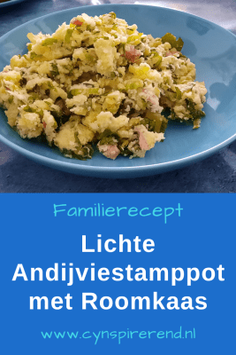 Pinterest plaatje met de tekst Lichte andijviestamppot met roomkaas: een familierecept om te bewaren en een foto van de stamppot