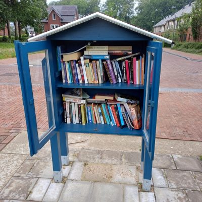 Grote blauwe minibieb tijdens de gratis minibieb wandelroute route ede oost