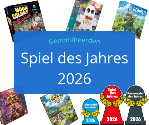 Spiel des Jahres 2026 logo en bordspellen die dit jaar genomineerd zijn om de titel beste bordspel van 2026 te winnen